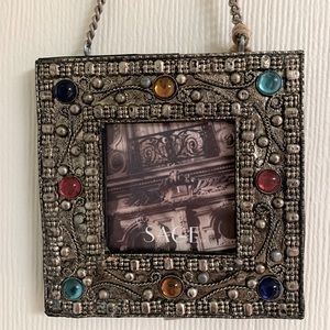 Sage silver metal photo frame glass bead-embellished. 5” square w/hanging hook❣️